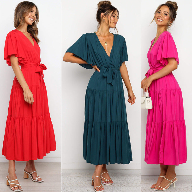 Damen Maxikleid mit tiefem V-Ausschnitt und schwingenden Ärmeln Drune
