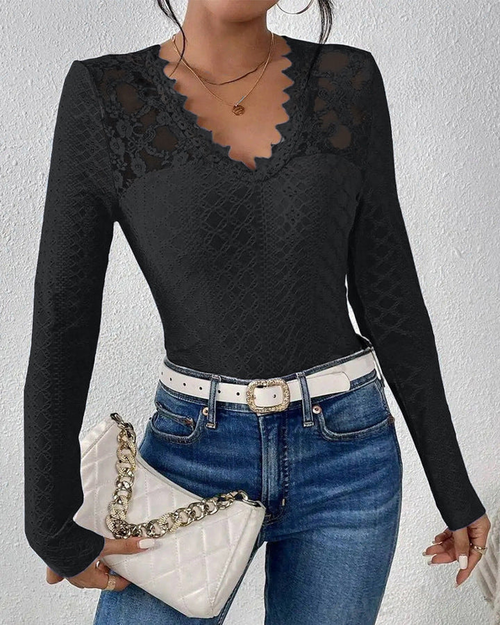 Damen nan figurbetontes Spitzen-Langarmshirt mit gezacktem V-Ausschnitt Drune