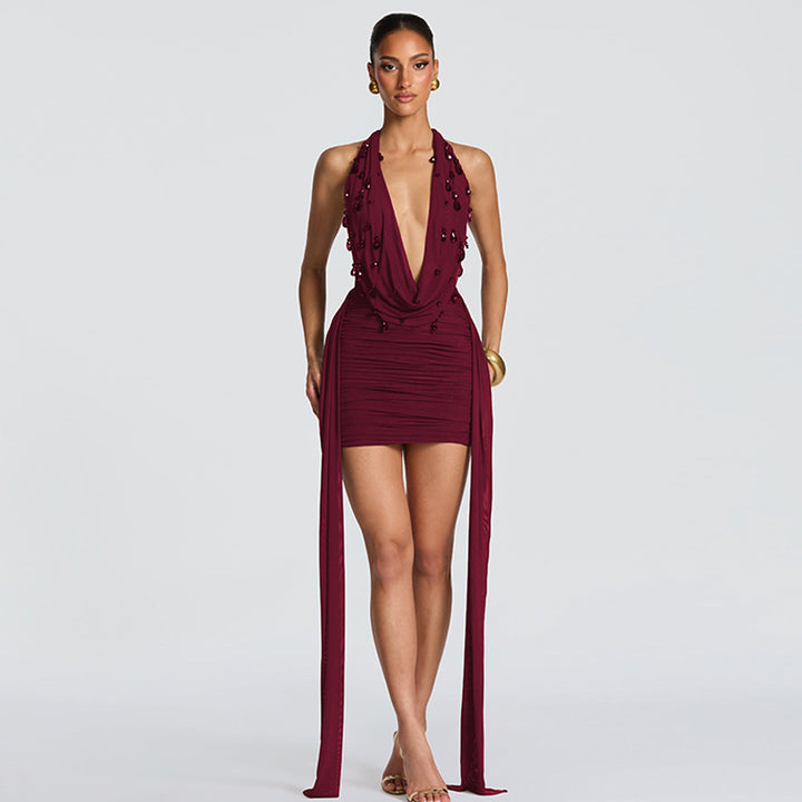 Damen Elegantes Minikleid mit tiefem V-Ausschnitt und fließenden Drapierungen Drune