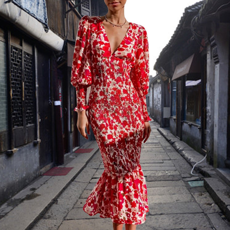 Damen Bodycon Kleid mit Rüschensaum und glamourösem Blumenmuster Drune