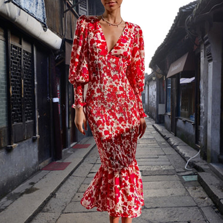 Damen Bodycon Kleid mit Rüschensaum und glamourösem Blumenmuster Drune