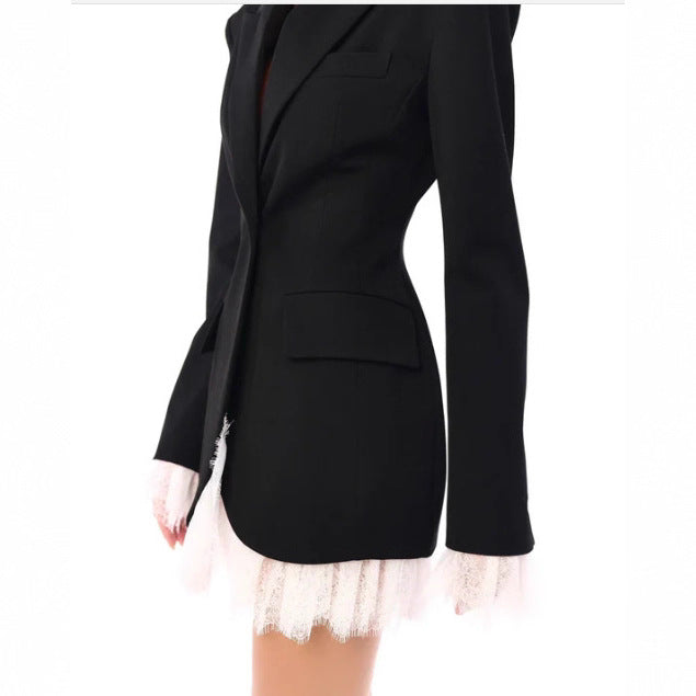 Damen nan längerer taillierter Blazer-Mantel mit Reverskragen und Pattentaschen Drune