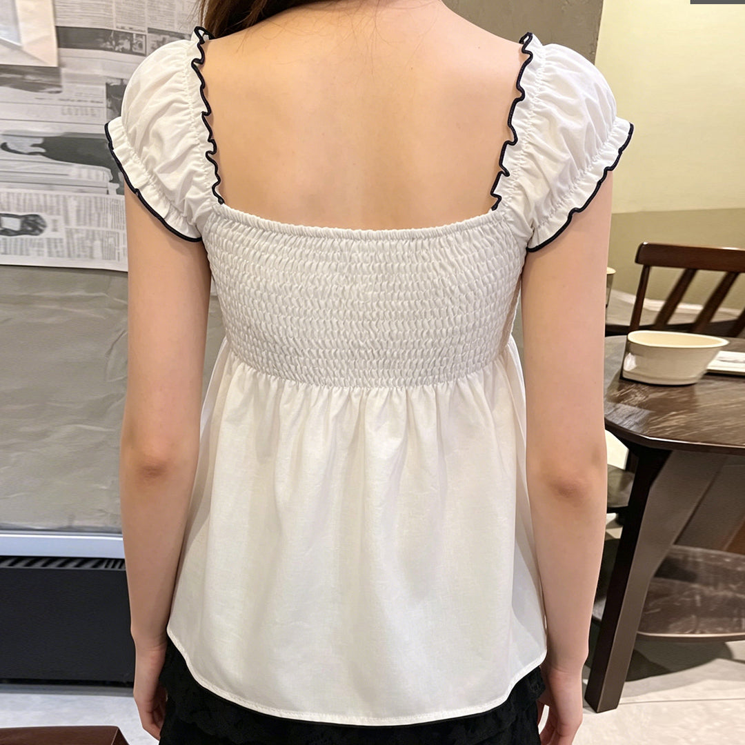 Damen Baumwollbluse mit floralem Stickdesign und schickem Rüschensaum Drune
