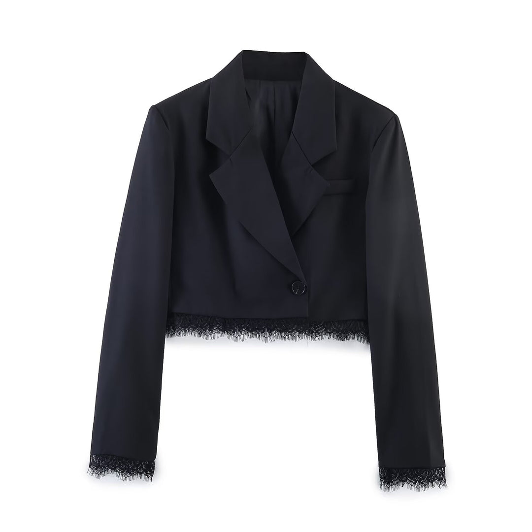 Damen Cropped-Blazer mit Spitzenbordüre, taillierter Ein-Knopf-Silhouette Drune