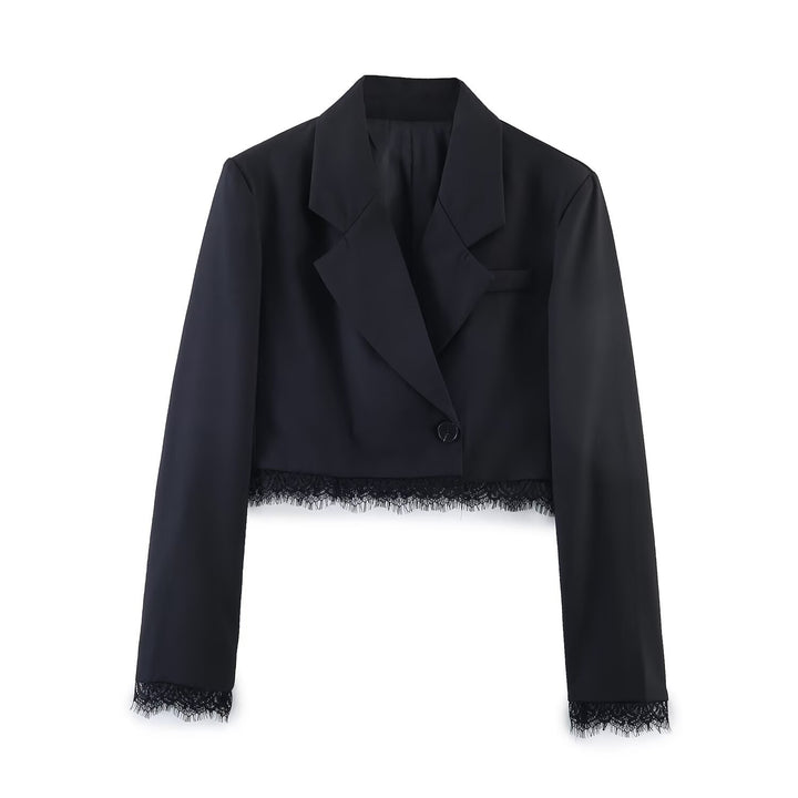 Damen Cropped-Blazer mit Spitzenbordüre, taillierter Ein-Knopf-Silhouette Drune