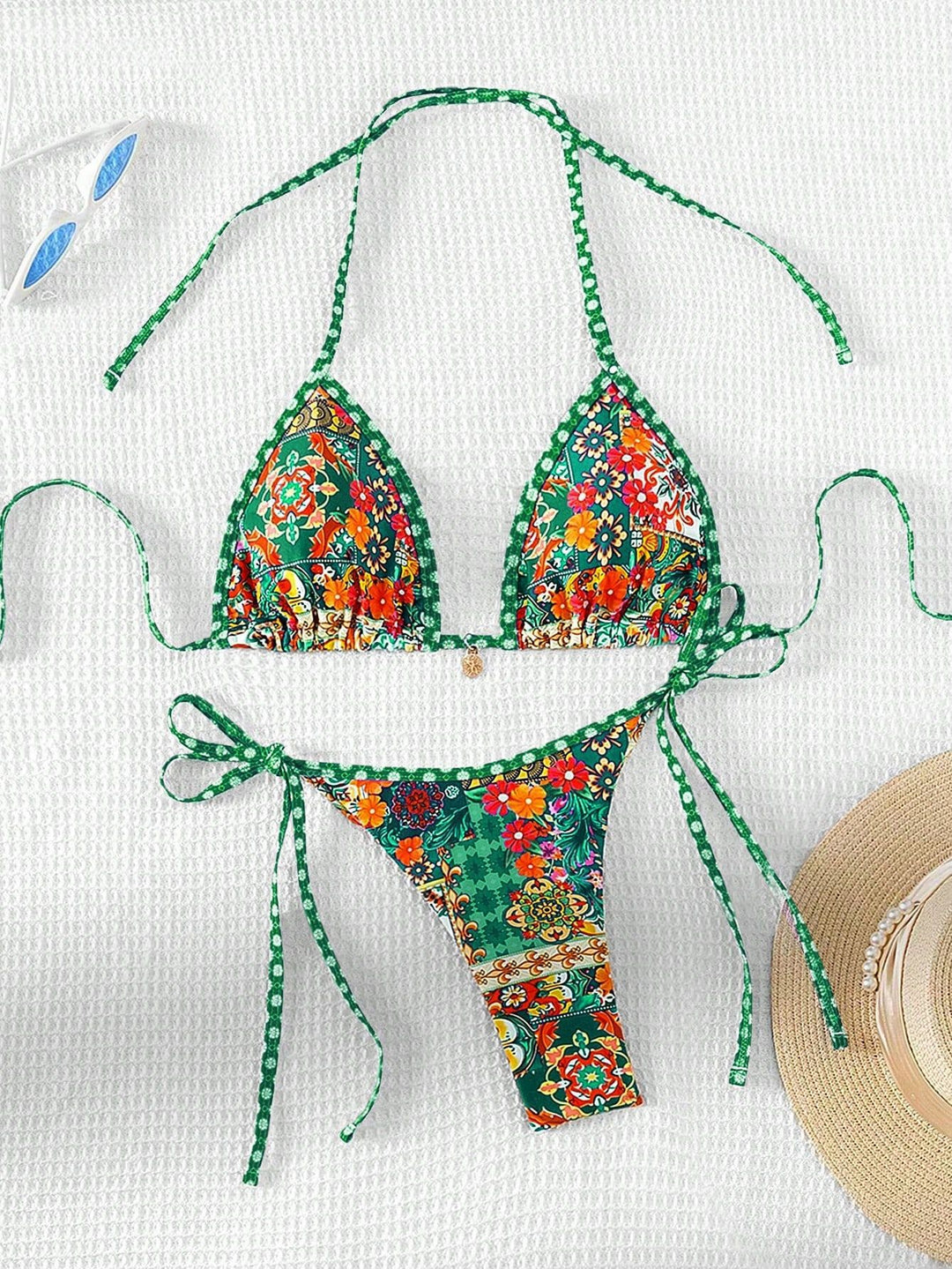 Damen Triangel-Bikini mit buntem floralen Muster und verstellbaren Bändern Drune