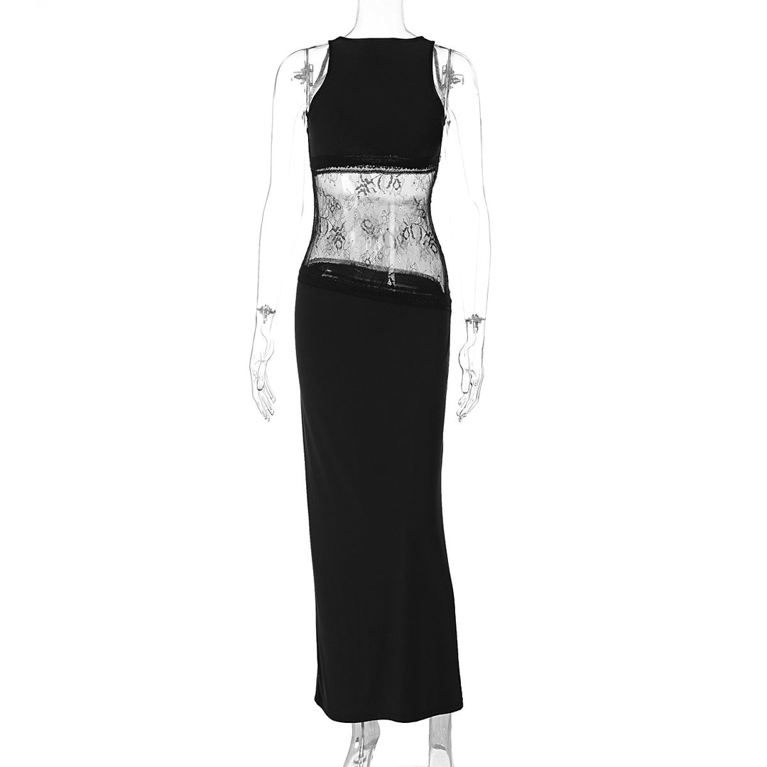 Damen Langes Abendkleid mit transparentem Spitzen-Overlay und figurbetonter Passform Drune
