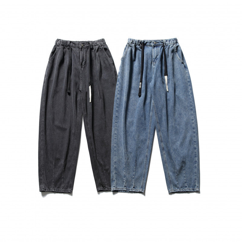 Unisex Weite Baggy-Jeans mit elastischem Bund, Tunnelzug und aufgesetzten Gesäßtaschen Drune
