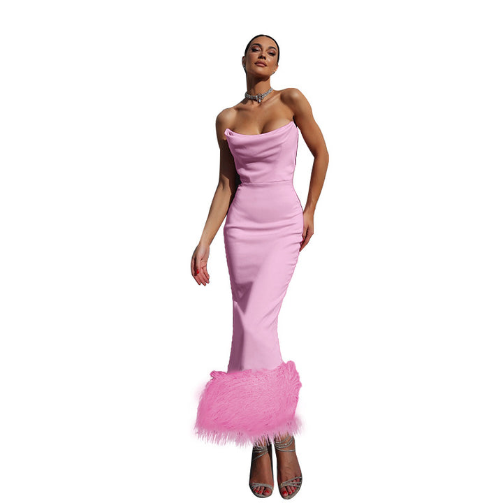 Damen Elegantes Midi-Kleid mit verführerischem Federbesatz Drune