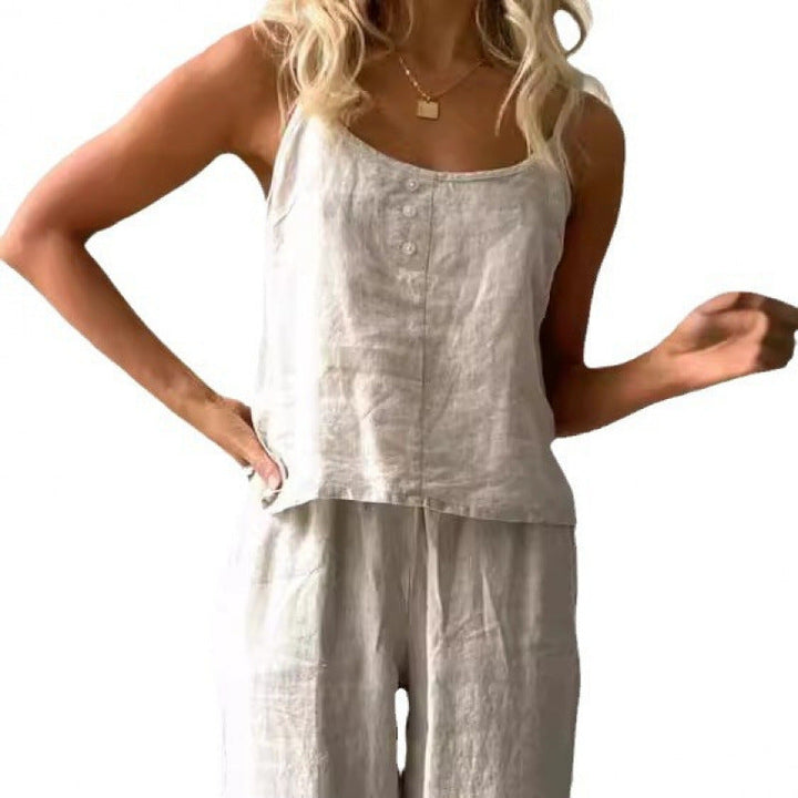 Damen lässiges Leinen-Set mit trägerloser Bluse und weiten Hosen Drune