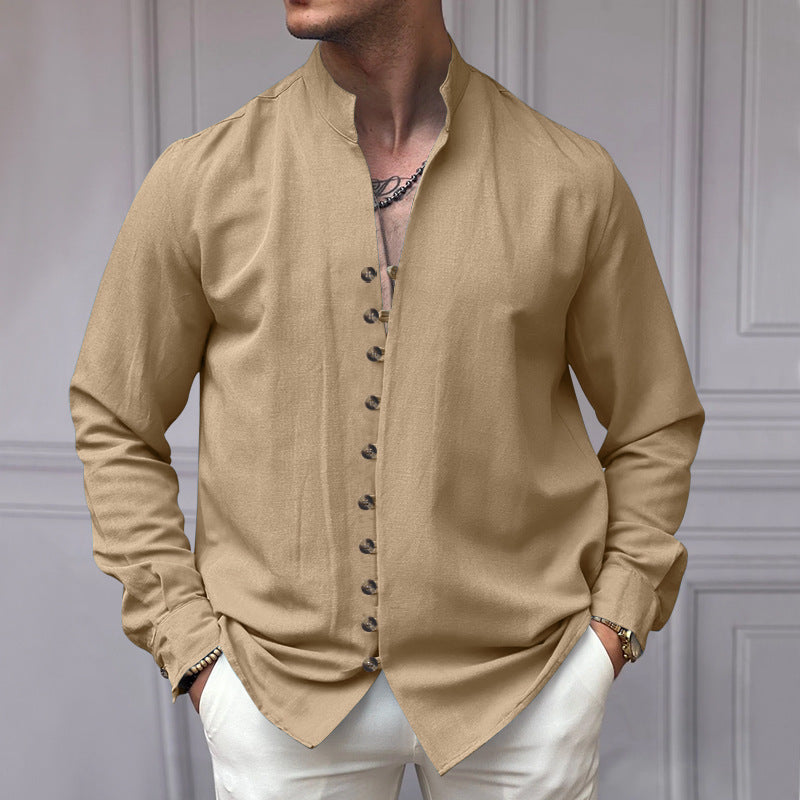 Herren nan elegantes Langarm-Leinenhemd mit Stehkragen asymmetrischer Knopfleiste und schmaler Passform Drune