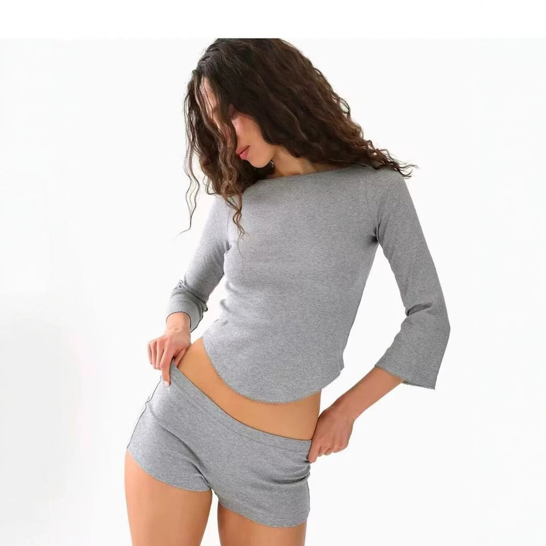 Damen Feines Longsleeve aus Rippstrick mit U‑Ausschnitt und schmaler Passform Drune
