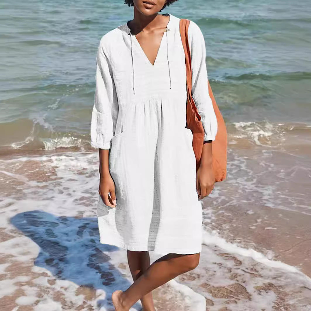 Damen lässiges Sommerkleid mit Kapuze und Taschen Drune
