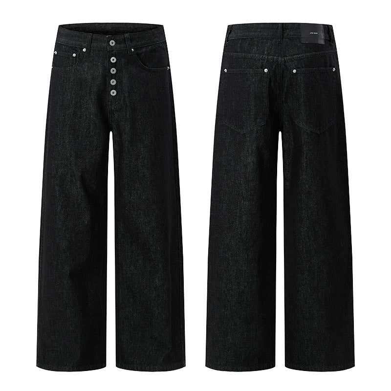 Herren Hochtaillierte weite Denim-Hose mit sichtbarer Knopfleiste und extra langem Saum Drune