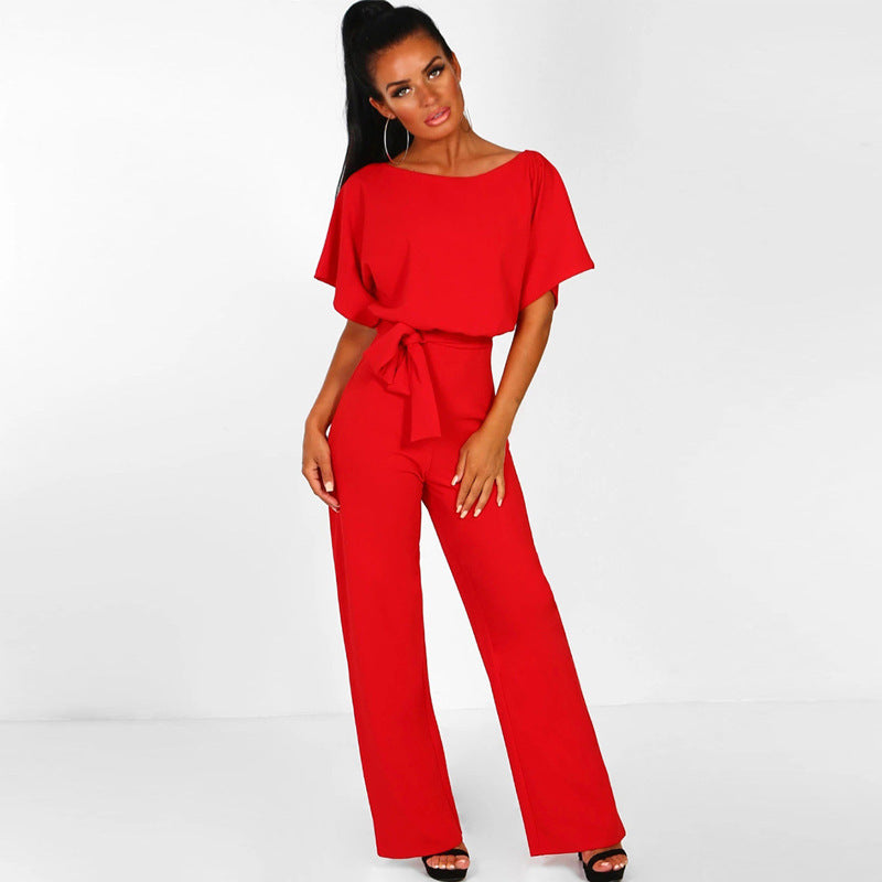 Damen Eleganter Weit Beins Jumpsuit mit Bindegürtel Drune