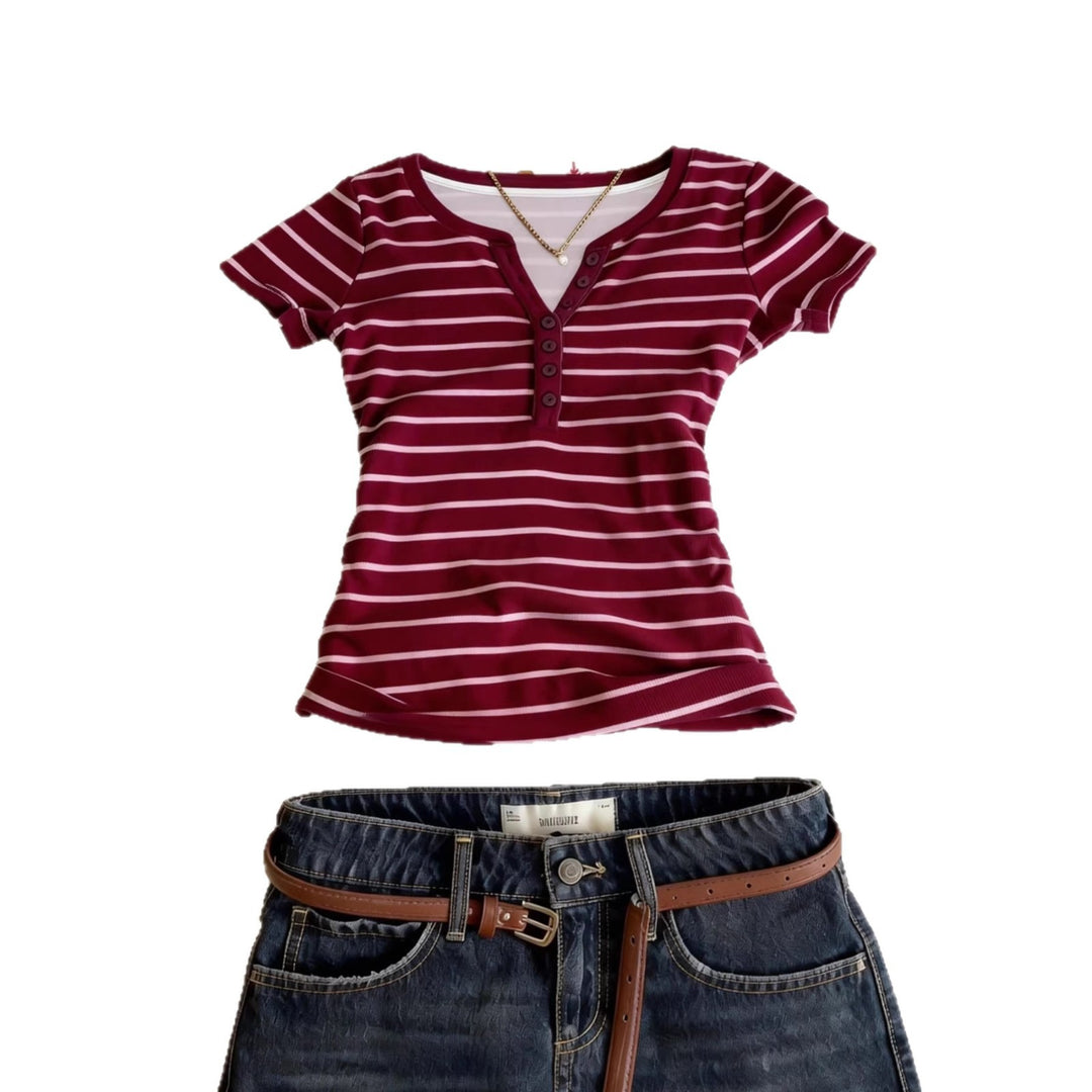 Damen Kurzarmshirt mit Knopfleiste Drune
