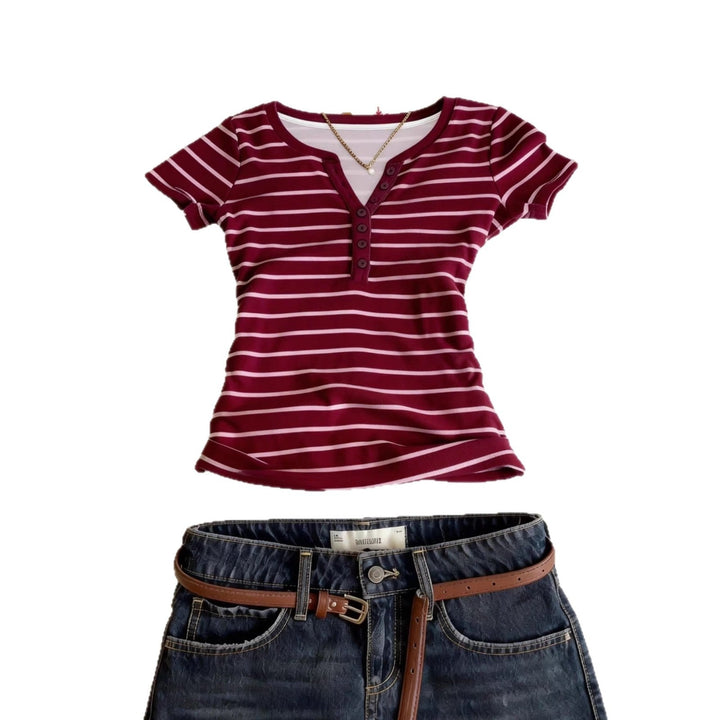 Damen Kurzarmshirt mit Knopfleiste Drune