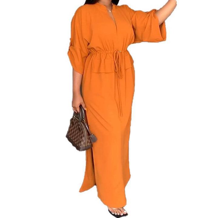 Damen Maxikleid mit Taillierung und offenem Kragen Drune