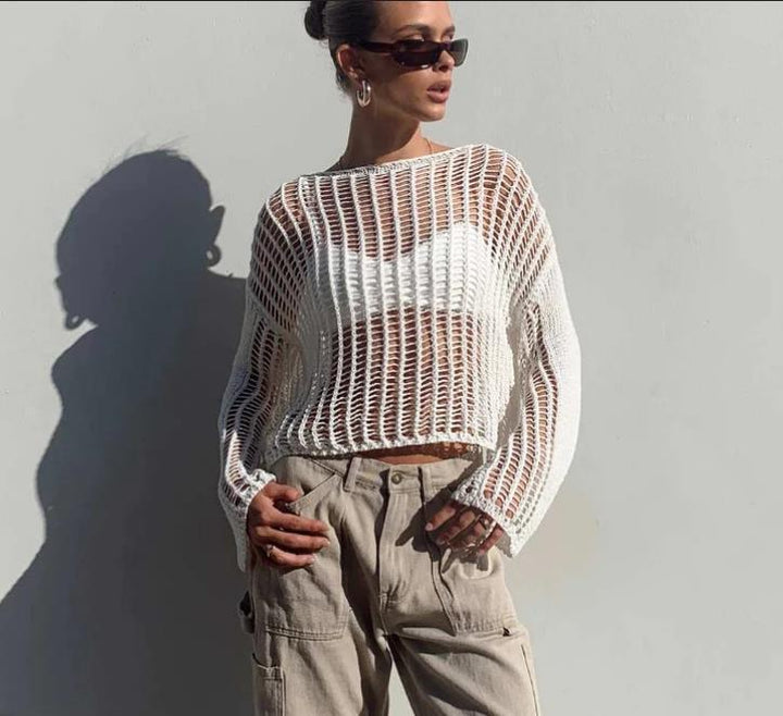 Damen Cropped Open Knit Pullover Drune