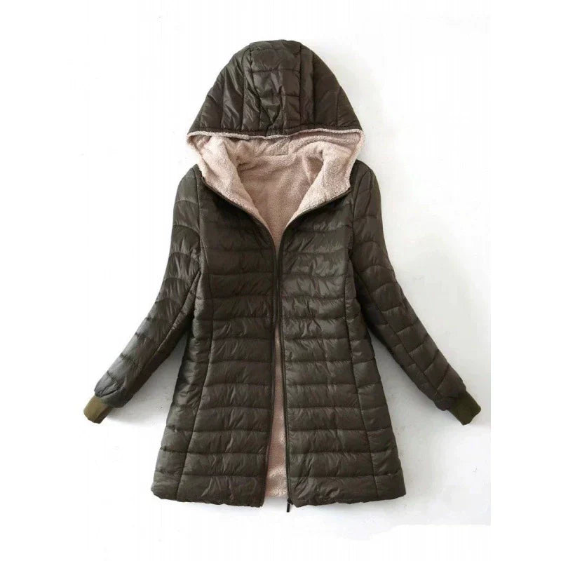 Drune | Damen Pufferjacke – Gepolstertes Warmdesign – Plüschfutter – Kapuze Mittellanger Schnitt