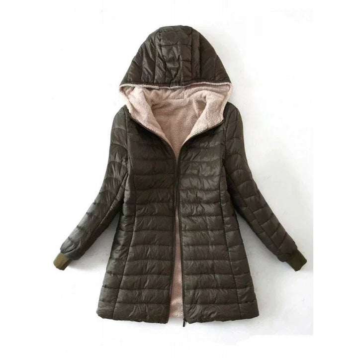 Drune | Damen Pufferjacke – Gepolstertes Warmdesign – Plüschfutter – Kapuze Mittellanger Schnitt