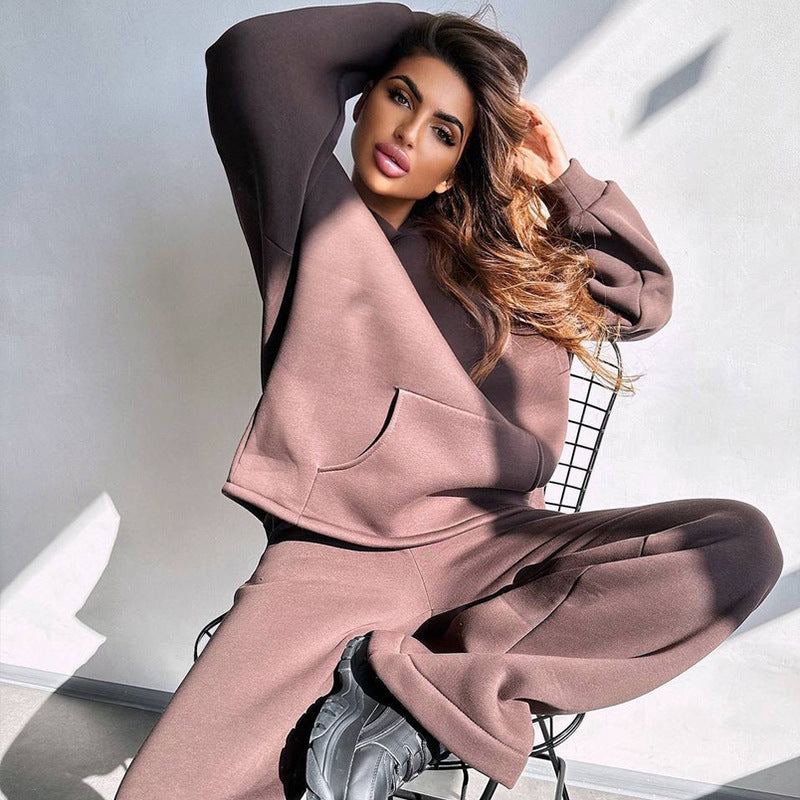 Damen Scuba-Fleece Lounge-Set mit Oversize-Kapuzenpullover und weiter Flare-Hose Drune
