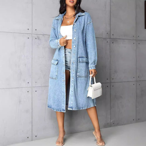 Damen Jeansjacke im長 Belichtungs-Vintage-Stil mit praktischen Taschen und Knopfleiste Drune