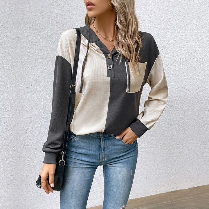 Damen Lässiges Colorblock-Hoodie-Henley mit Waffelstruktur und Brusttasche Drune