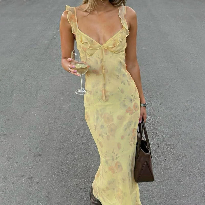 Damen fließendes Maxikleid mit zarten Rüschendetails und floralem Muster Drune