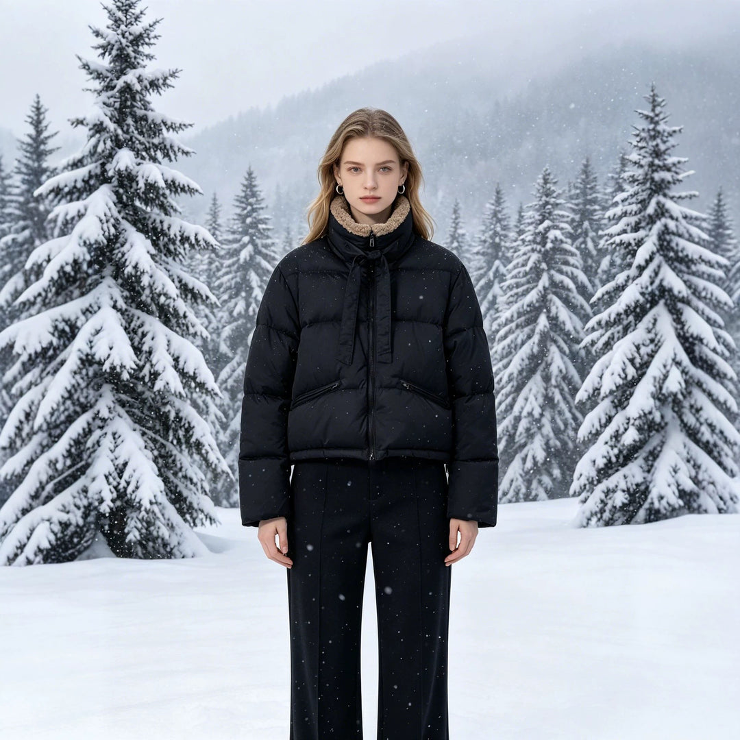 Damen nan cropped wattierte Jacke mit Sherpa-Kragen, hochschließendem Stehkragen und verdecktem Reißverschluss Drune