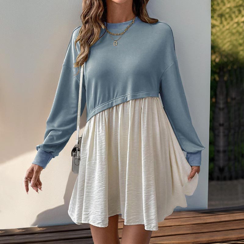 Damen Lässiges Sweatshirt-Babydoll-Kleid mit asymmetrischer Taillennaht und weiter Stufenrock Drune