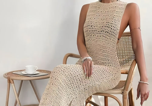 Damen Langes Häkelkleid mit modernem Schnitt und verführerischem Rückenausschnitt Drune