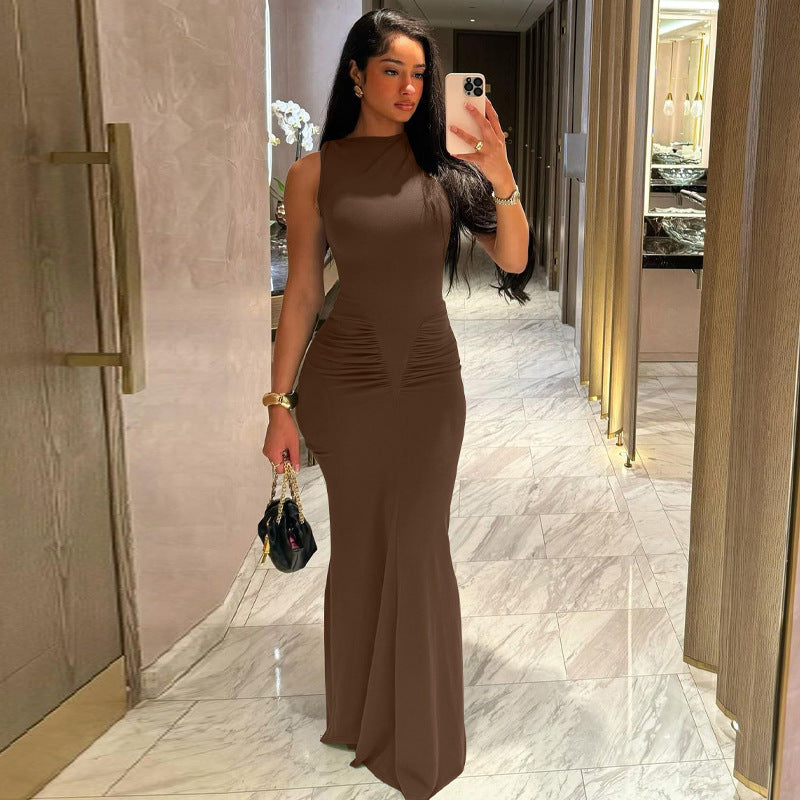 Damen Figurbetontes Maxikleid mit hochgeschlossenem Design und Raffung Drune