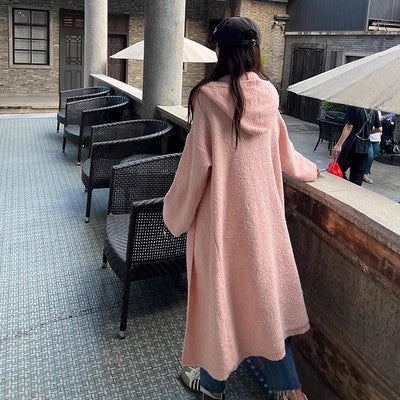 Damen Langer Teddy-Fleece-Mantel mit Kapuze, überschnittener Schulter und weich fallender A-Linie Drune