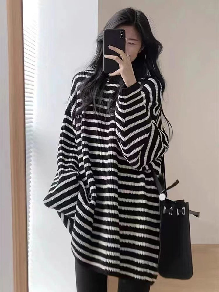 Damen Oversize Strick-Longpullover mit horizontaler Streifenstruktur Drune