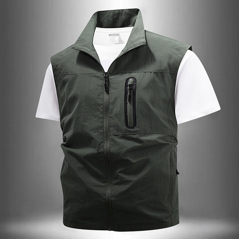 [Herren Leichte technische Utility-Weste mit hohem Stehkragen, wasserabweisenden Reißverschlusstaschen und Brustzip-Tasche] Drune