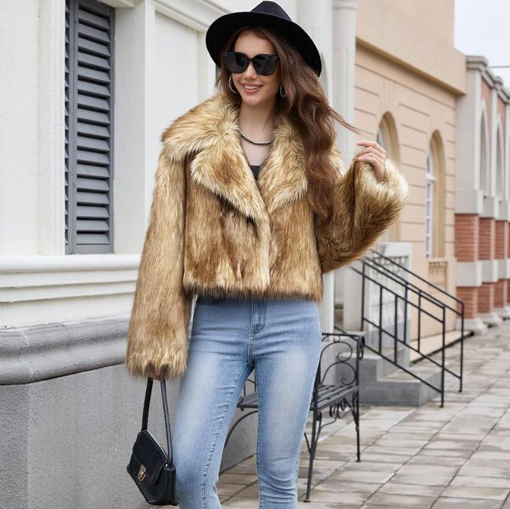 Damen Kurzer taillierter Faux-Fur-Blouson mit breitem Schalkragen Drune