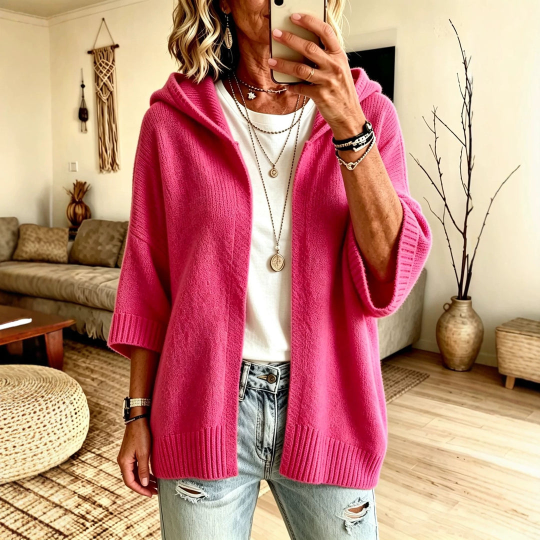 Damen Kapuzen-Longcardigan aus grobem Strick mit 3/4-Ärmeln und offener Front Drune