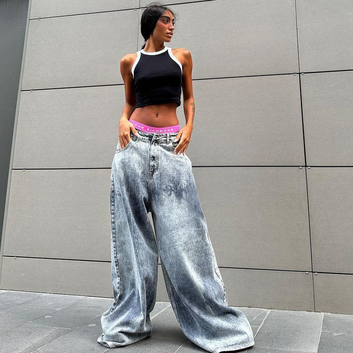 Damen Weite Jeanshose im Vintage-Stil mit hohen Seitentaschen Drune