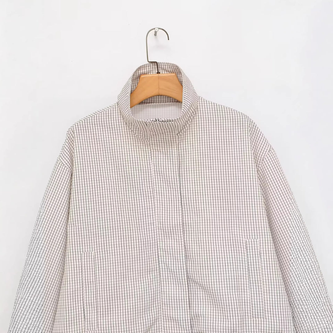 Damen Karierte Cropped-Jacke mit Stehkragen, Tunnelzug und verdecktem Reißverschluss Drune