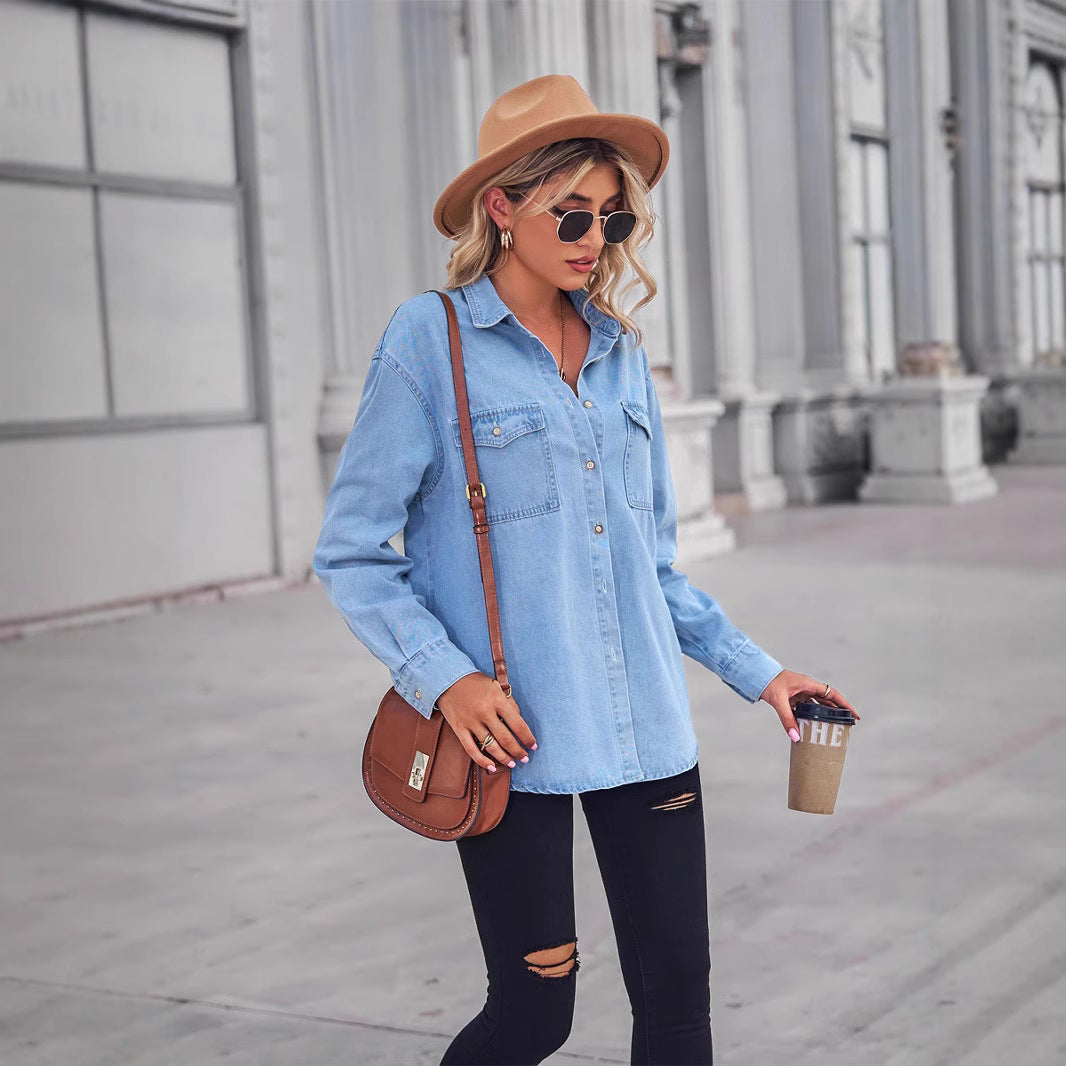 Damen Lässige Denim-Hemdbluse mit Brusttaschen Drune