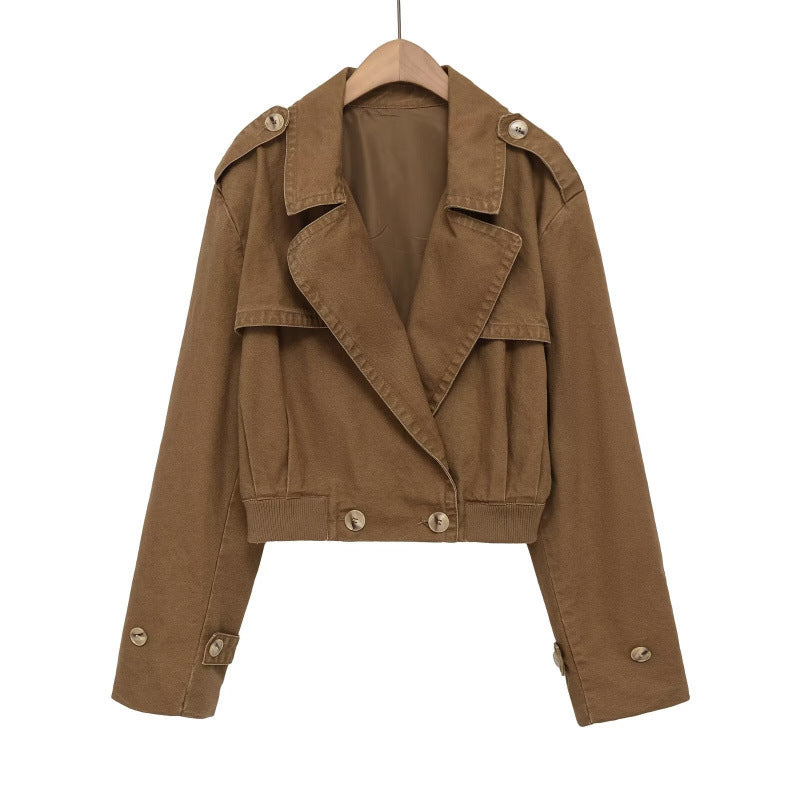 Damen Cropped Trench‑Blousonjacke mit doppelreihiger Knopfleiste, Schulterpatten und elastischem Saum Drune