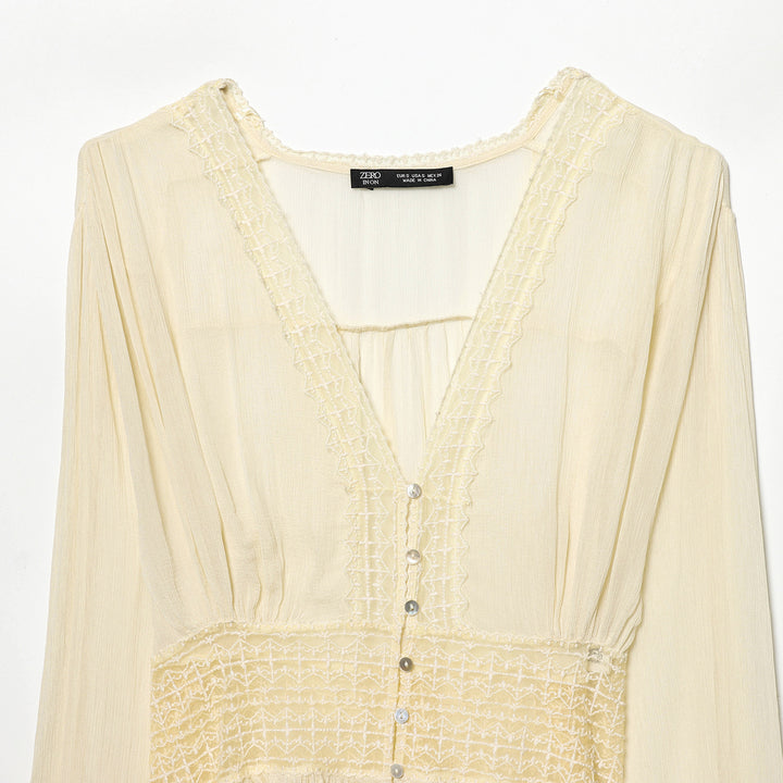 Damen nan leichte V-Neck Bluse mit Smok-Taillenband, Perlmuttknopfleiste und Volant-Saum Drune
