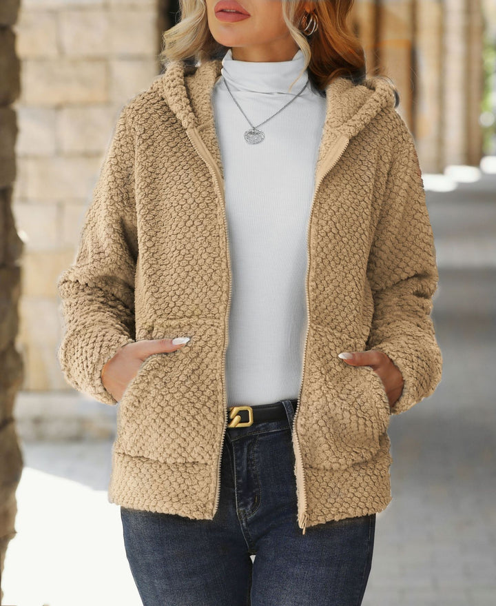 Damen Plüschige Fleecejacke mit Hoodie und Taschen Drune