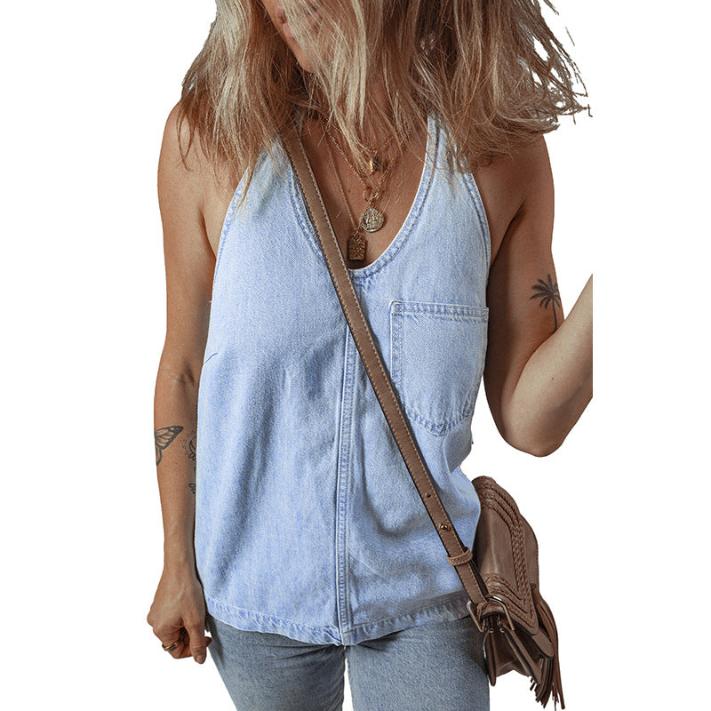 Damen ärmelloses Denim-Top mit praktischem Brusttaschen Drune