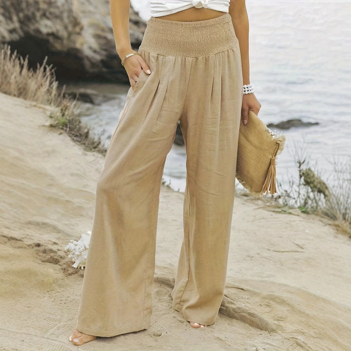 Damen Weite Leinenhose mit Smokbund und Eingrifftaschen Drune