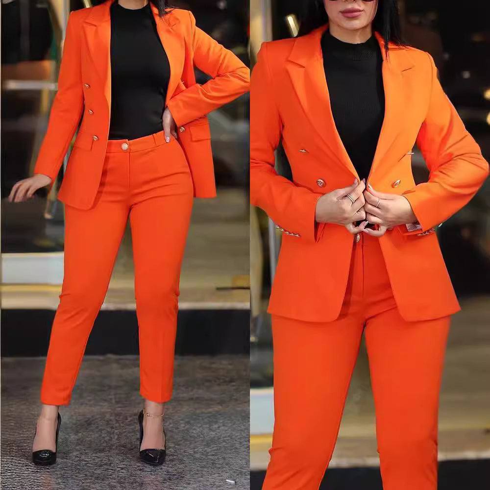Damen nan tailliertes Business-Hosenanzug-Set mit doppelreihigem Reversblazer und schmal zulaufender Bundhose Drune