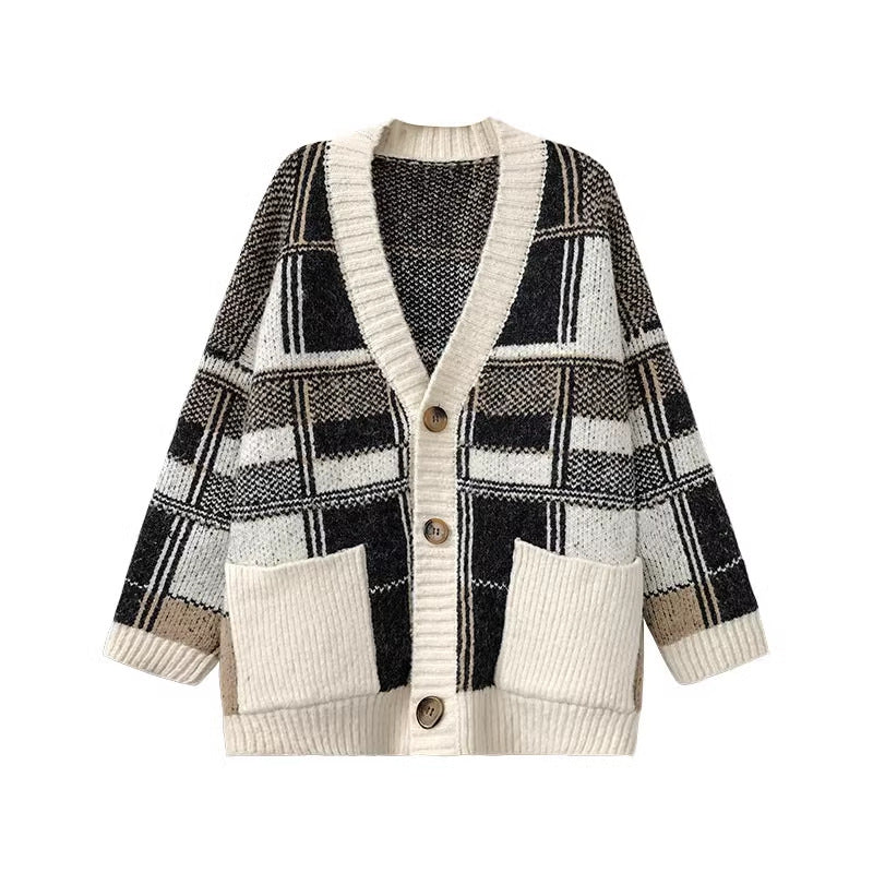 Damen Modischer Oversized Cardigan mit Karomuster Drune