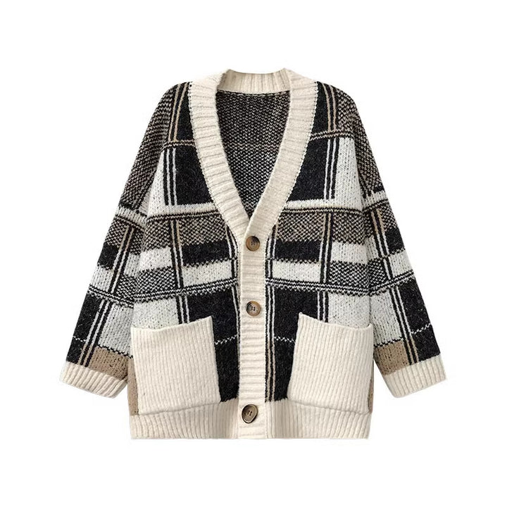 Damen Modischer Oversized Cardigan mit Karomuster Drune