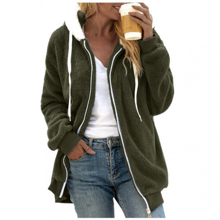 Damen Oversized Sherpa-Zipjacke mit Kontrastkragen, Rippbündchen und Kordelzug Drune